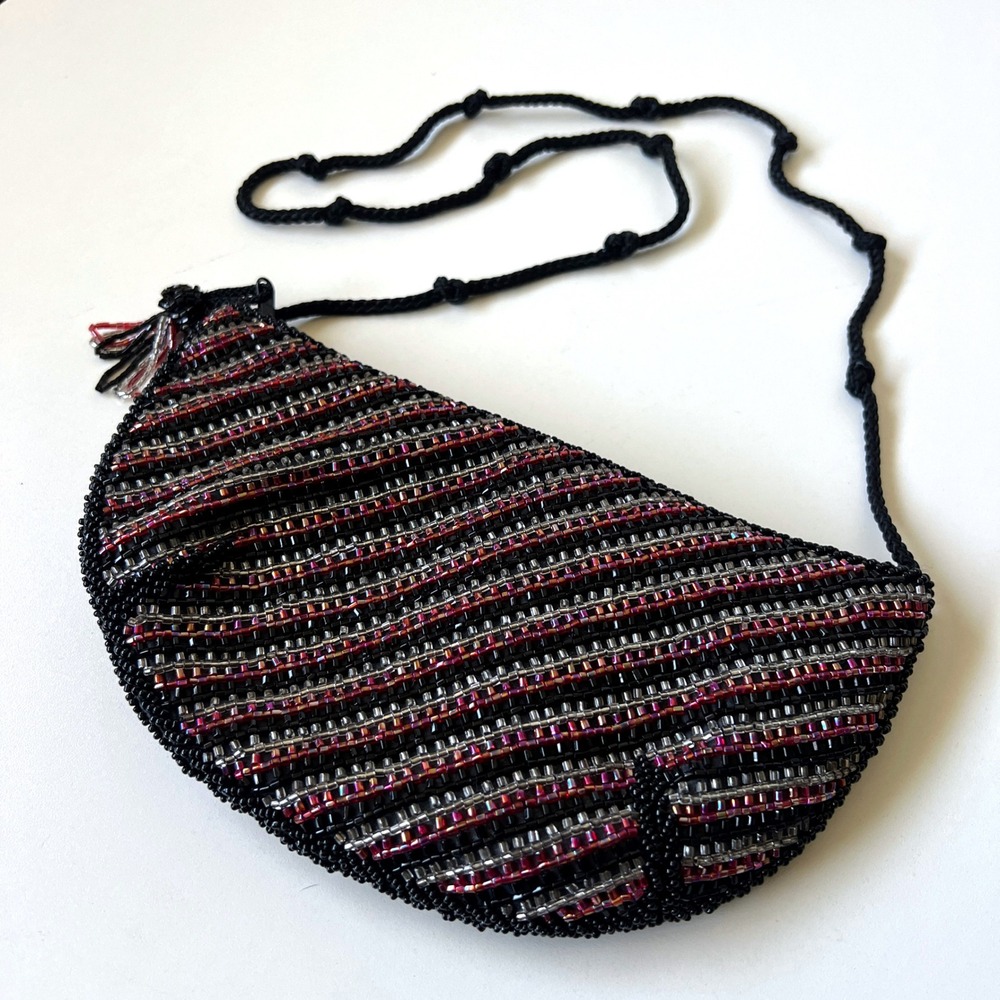 Vintage Walborg Beaded Shoulder Bag Black Red Silver Y2K Evening Purse